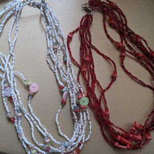 Two vintage beaded necklaces red and white tinny beads multi strand